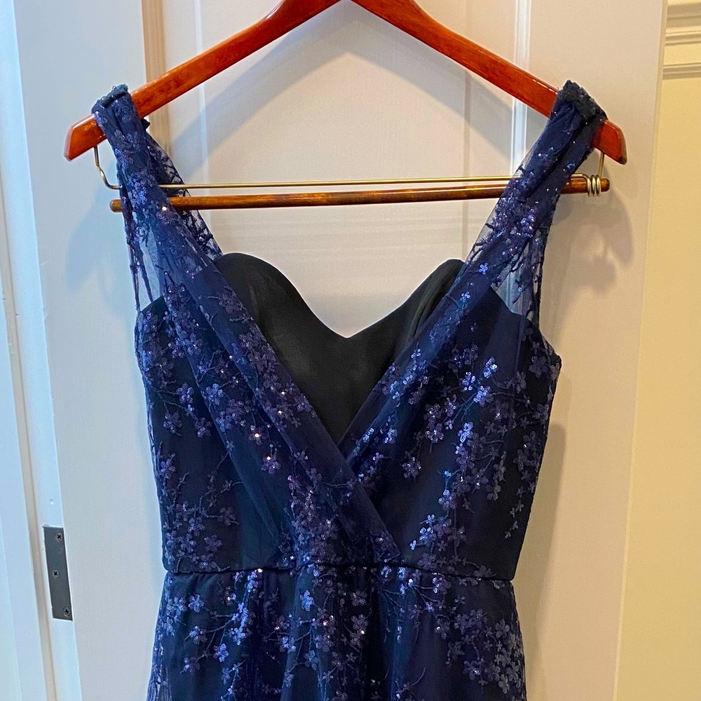 Amsale P376 navy sequin embroidered floor length A line gown worn once!